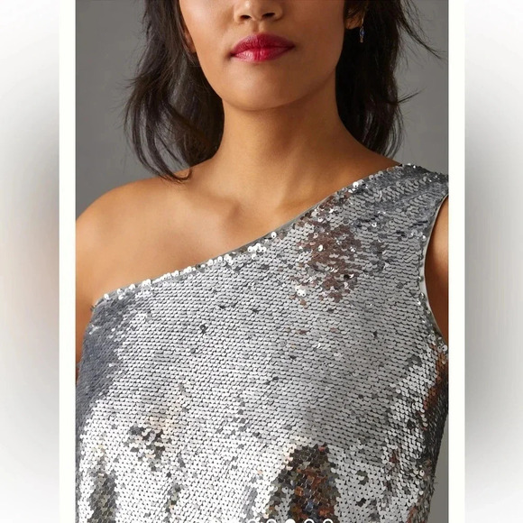 Anthropologie Maeve One-Shoulder Silver Sequin Formal Dress Size Small S NWT - Picture 8 of 8